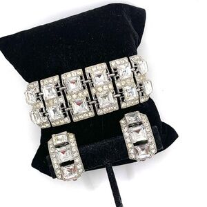 Bogoff Signed Vintage Rhinestone Panel Bracelet Clip Earrings Set